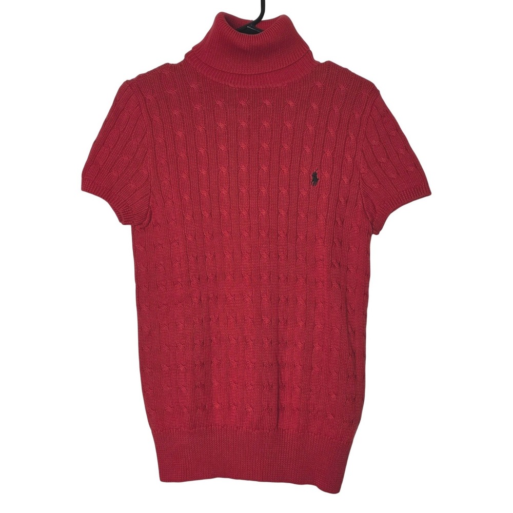 Ralph Lauren Sport Red Cable Knit Turtleneck Short Sleeve Sweater Large Vintage